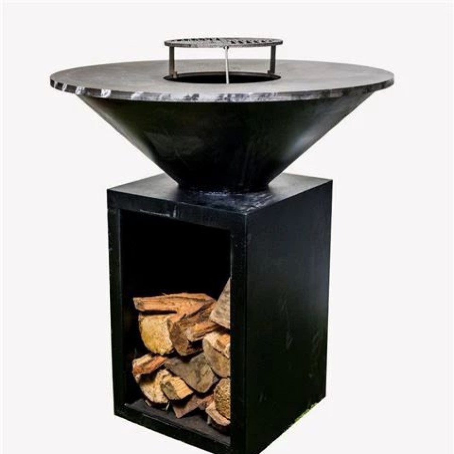 Barbecues, Tools & Accessories * | Flaming Coals Round Black Firepit Bbq Wood Storage 100Cm