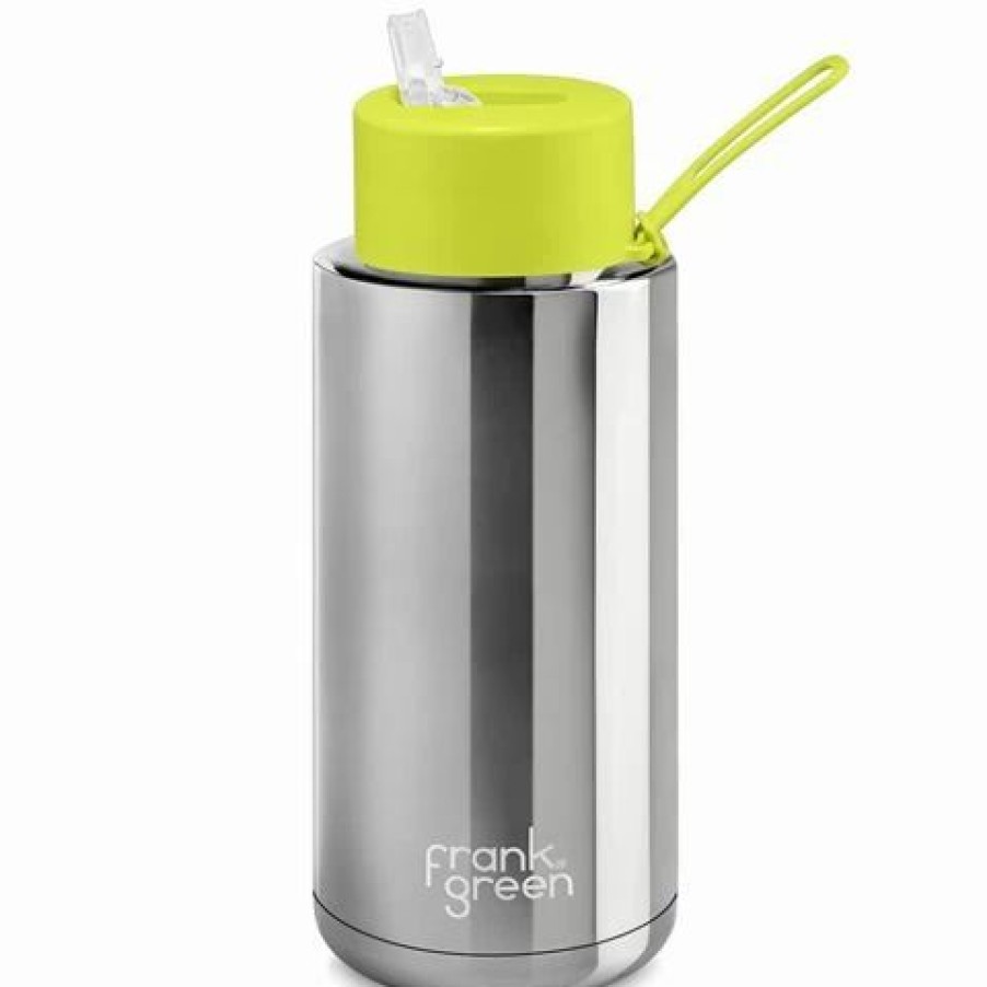 Drink Bottles * | Frank Green Ceramic Reusable Bottle W/Straw Lid Silver/Neon Yellow 1L