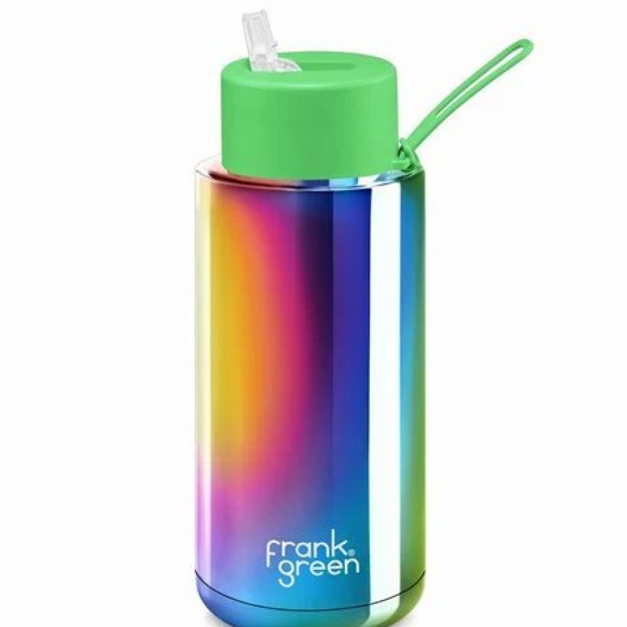 Drink Bottles * | Frank Green Ceramic Reusable Bottle W/Straw Lid Rainbow/Neon Green 1L