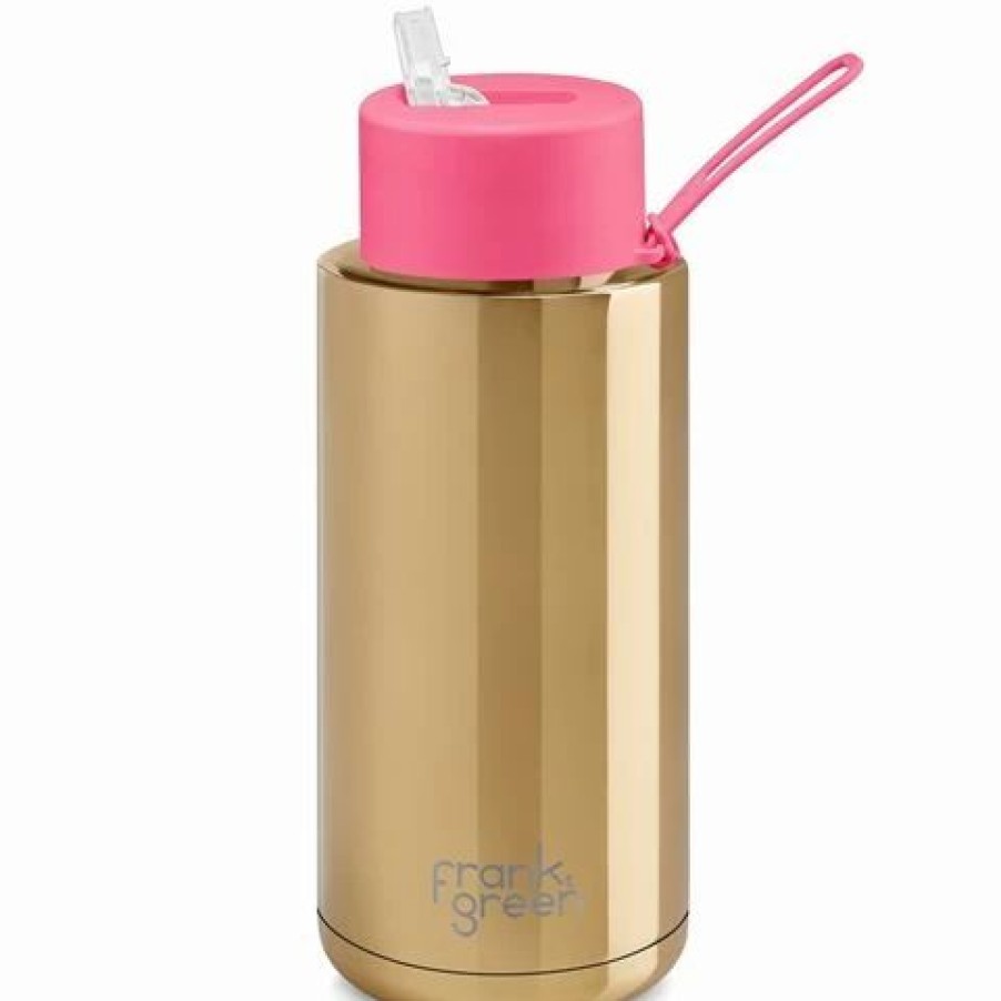 Drink Bottles * | Frank Green Ceramic Reusable Bottle W/Straw Lid Gold/Neon Pink 1L